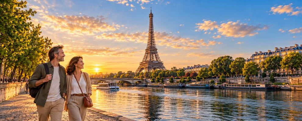 Viajeros disfrutando del Sena y la Torre Eiffel en París