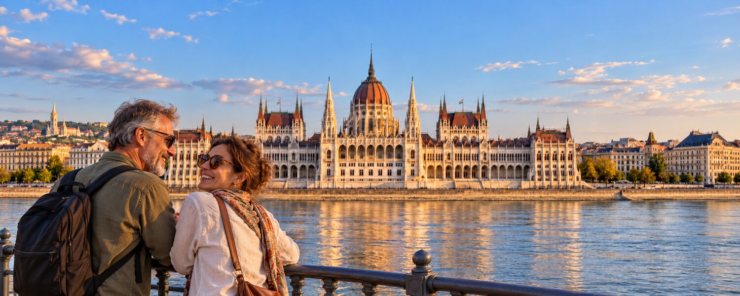 Viajeros junto al Danubio y el Parlamento de Budapest