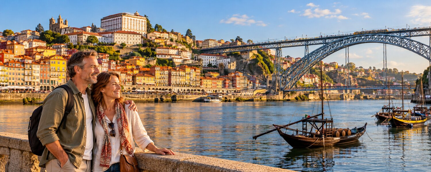 Viajeros disfrutando de Oporto y el puente de Luis I sobre el Duero