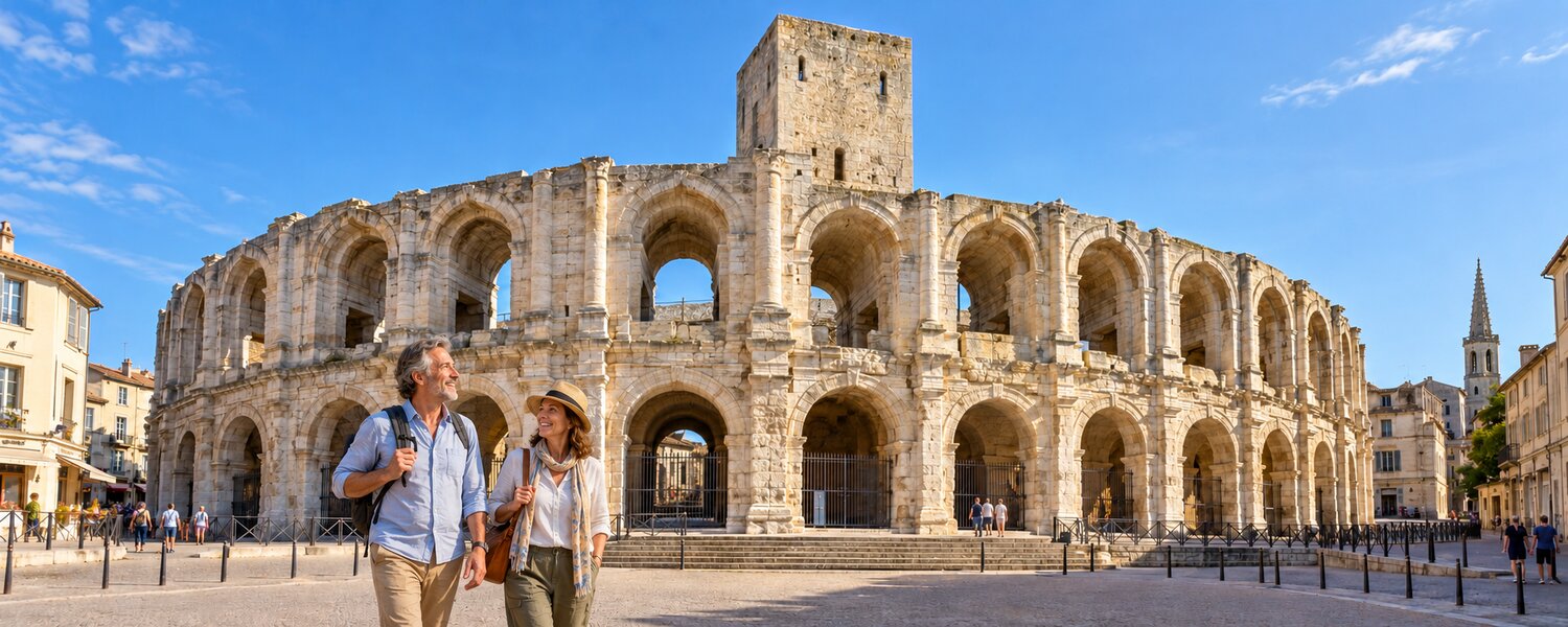 Viajeros ante el anfiteatro romano de Arles en la Provenza