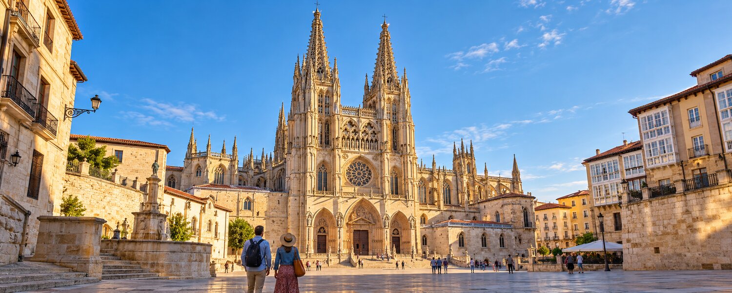 Ilustración generada inspirada en la catedral de Burgos, con viajeros en la plaza