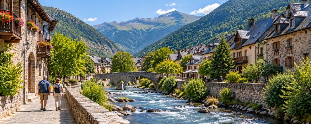 Escena ilustrativa de viajeros junto a un río y casas tradicionales del Valle de Arán