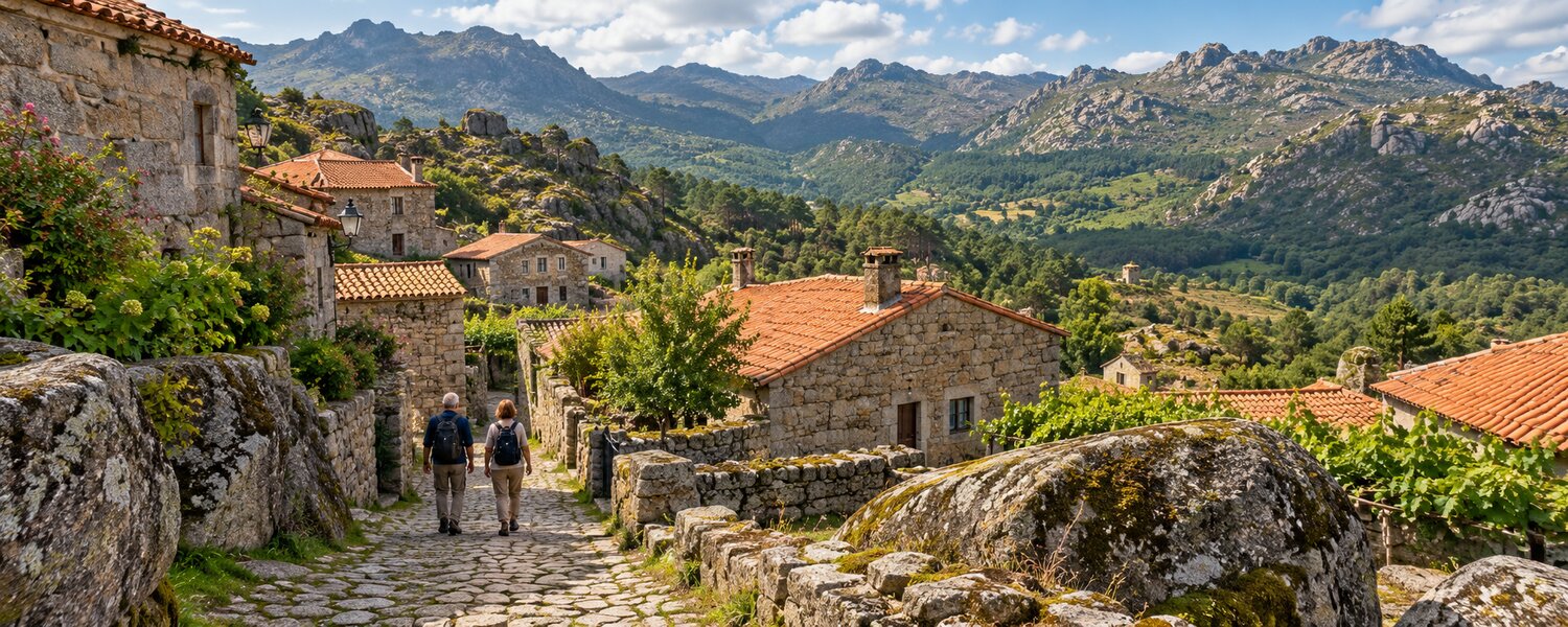 Escena ilustrativa de viajeros entre casas de granito y montañas de Peneda-Gerês