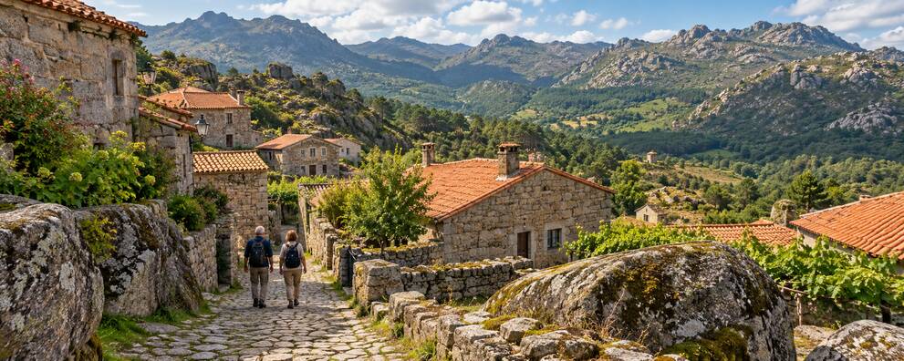 Escena ilustrativa de viajeros entre casas de granito y montañas de Peneda-Gerês