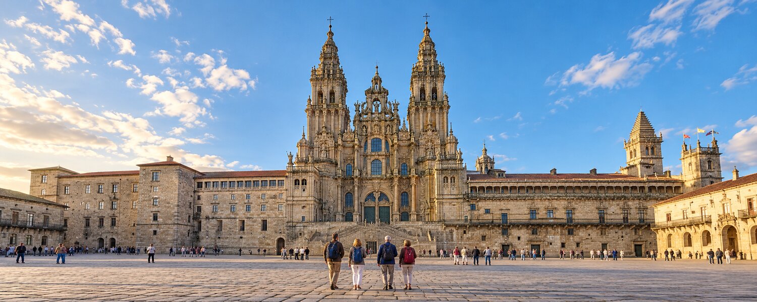 Visitantes ante la catedral de Santiago de Compostela en la plaza del Obradoiro