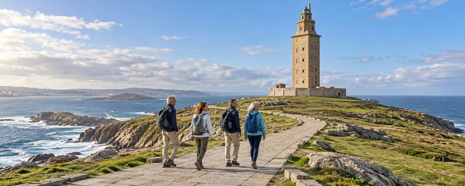 Visitantes paseando por el entorno exterior de la Torre de Hércules