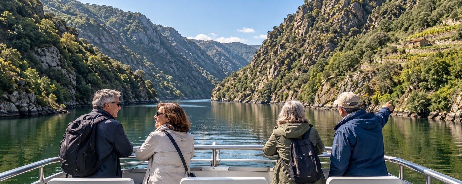 Visitantes navegando por los cañones del Sil en la Ribeira Sacra