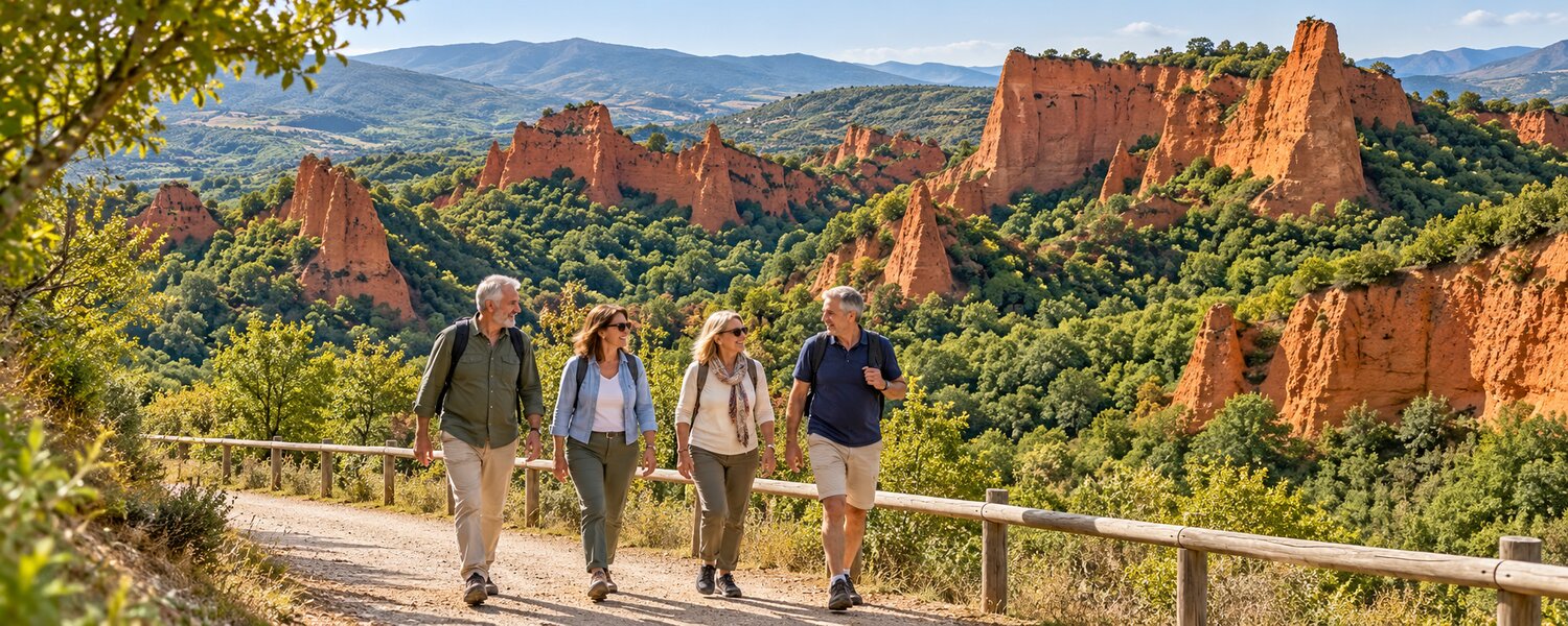 Visitantes caminando ante las formaciones rojizas de Las Médulas