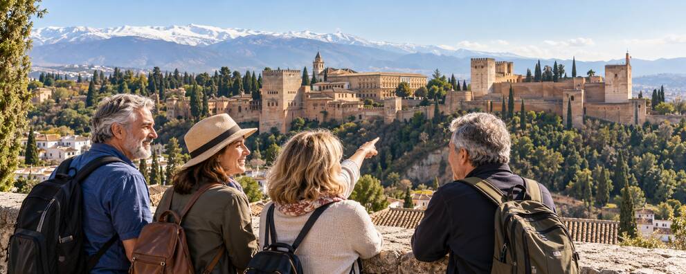 Visitantes contemplando el exterior de la Alhambra desde un mirador de Granada