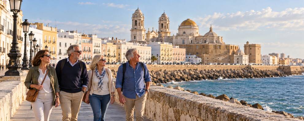 Visitantes paseando por el frente marítimo de Cádiz con la catedral al fondo