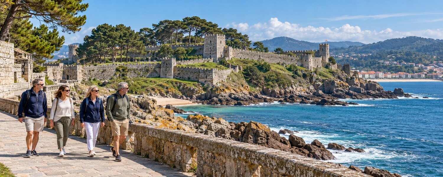 Visitantes junto a la fortaleza de Monterreal y la costa de Baiona